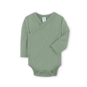 Cute baby in a Long sleeve kimono style baby onesie in thyme green