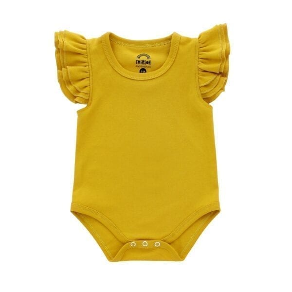 Pretty baby onesie with flutter sleeves in mustard yellow
