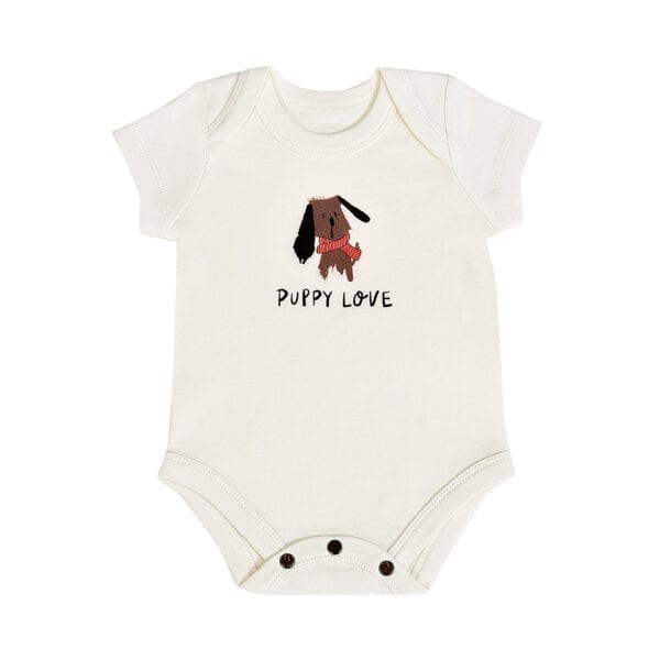 off white short sleeve baby onesie with puppy graphic