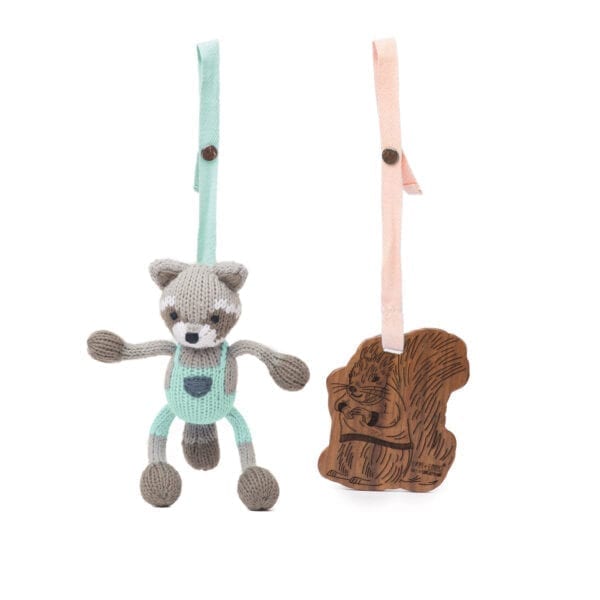 knit raccon baby stroller toy
