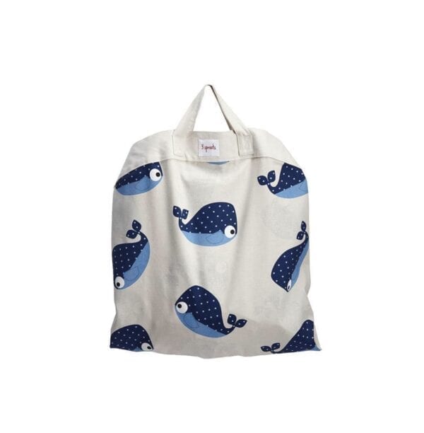 Playmat bag with handles and strong velcro easily scoops up toys for easy cleanup and storage. Cute blue whales pattern.