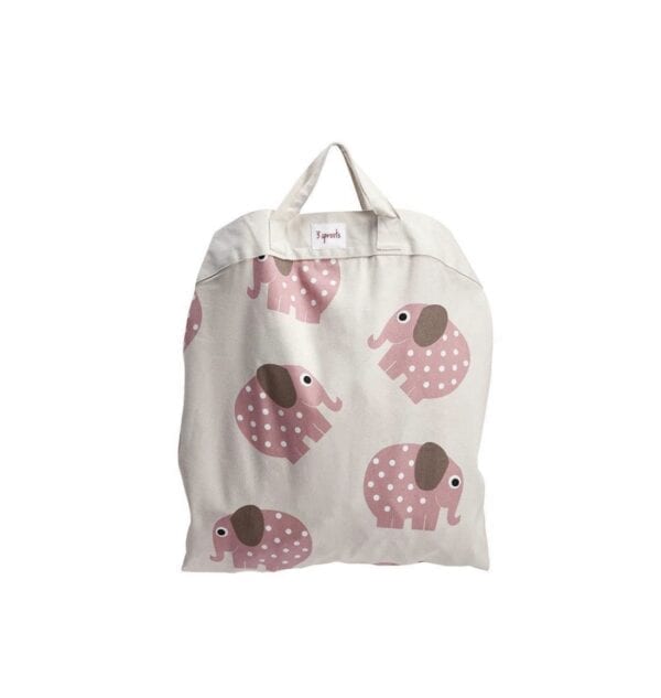 Playmat bag with handles and strong velcro easily scoops up toys for easy cleanup and storage. Cute pink elephant pattern.