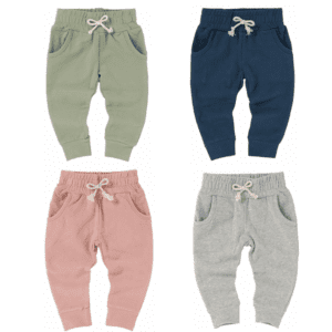 Cute baby toddler organic cotton jogger pants in 4 colors for boys or girls.