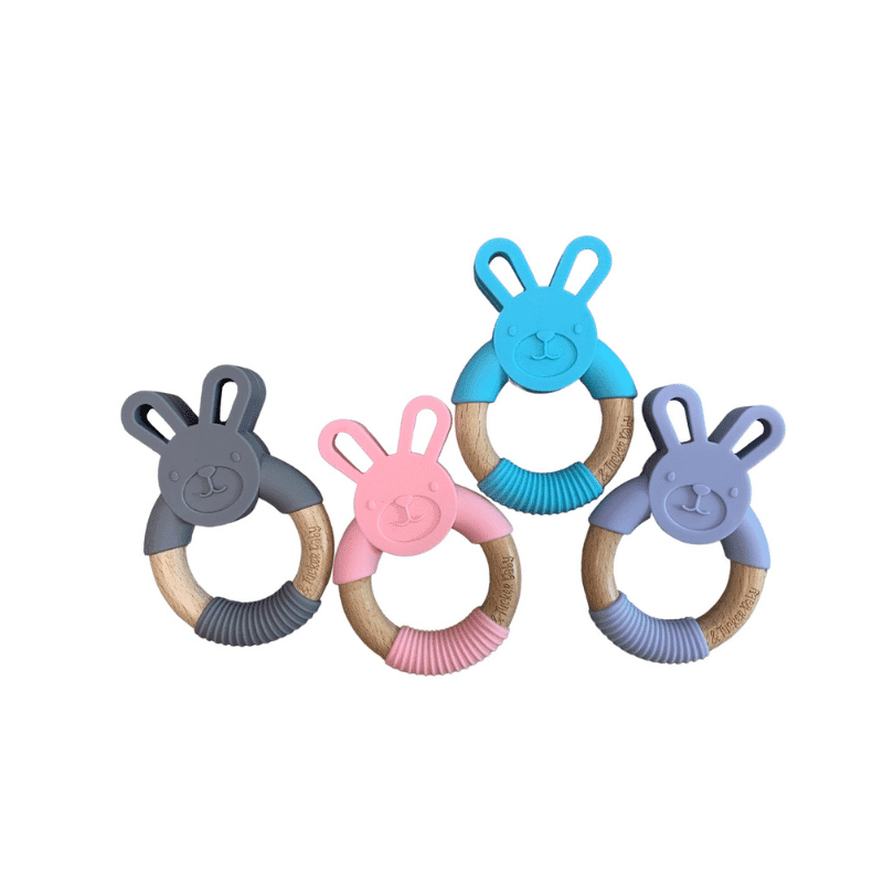 Bunny teether made from Organic wood and BPA free silicone. 4 colors available.