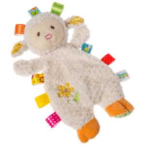 Lamb baby lovey with sensory tags sewn around the edges