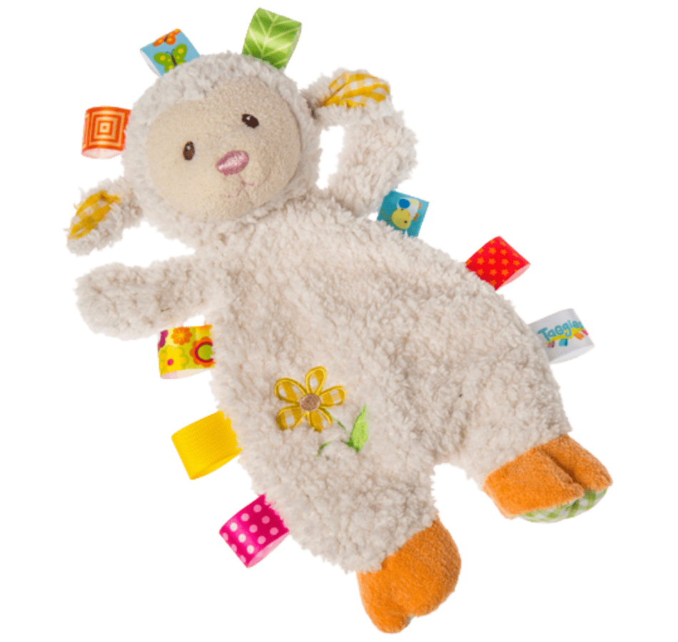 Lamb baby lovey with sensory tags sewn around the edges