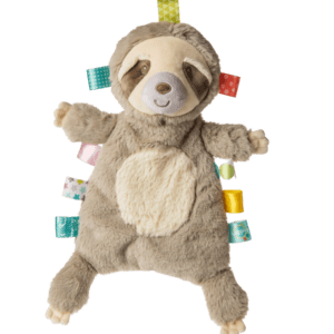 Sloth baby lovey with sensory tags sewn around the edges