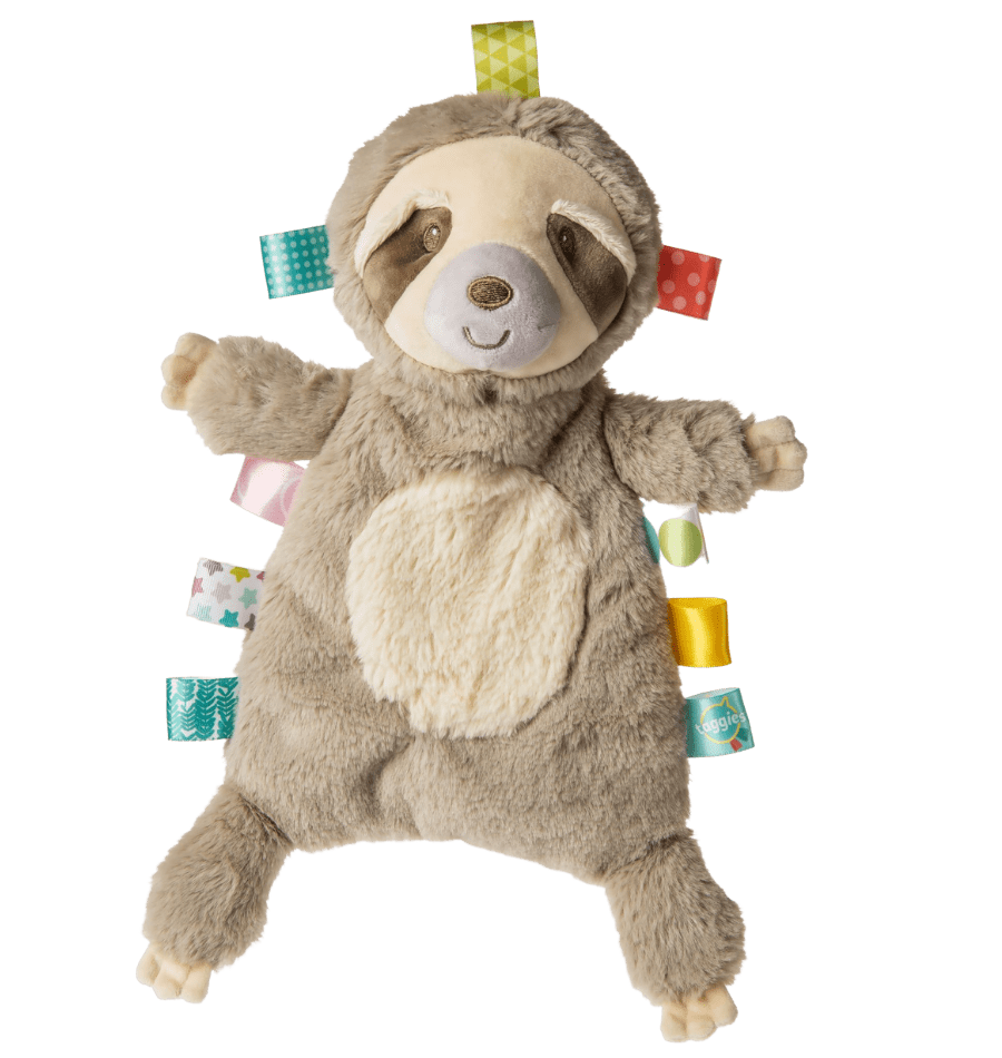 Sloth baby lovey with sensory tags sewn around the edges