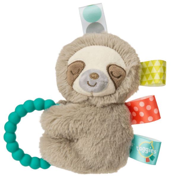 Baby teething rattle sloth with sensory tags