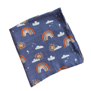 Blue baby swaddle blanket with rainbows and sunshines