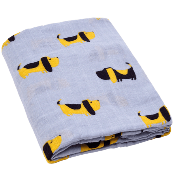 Blue baby swaddle blanket with yellow wiener dogs pattern