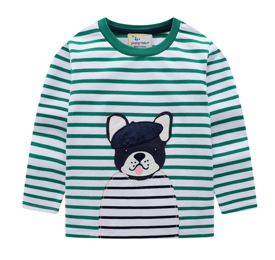Toddlers long sleve shirt with green and white stripes and a applique french bulldog wearing a beret.