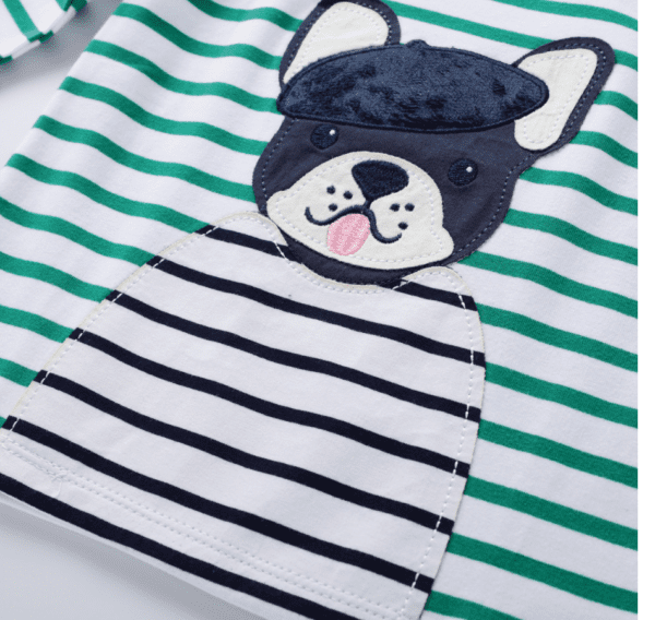 Toddlers long sleve shirt with green and white stripes and a applique french bulldog wearing a beret.