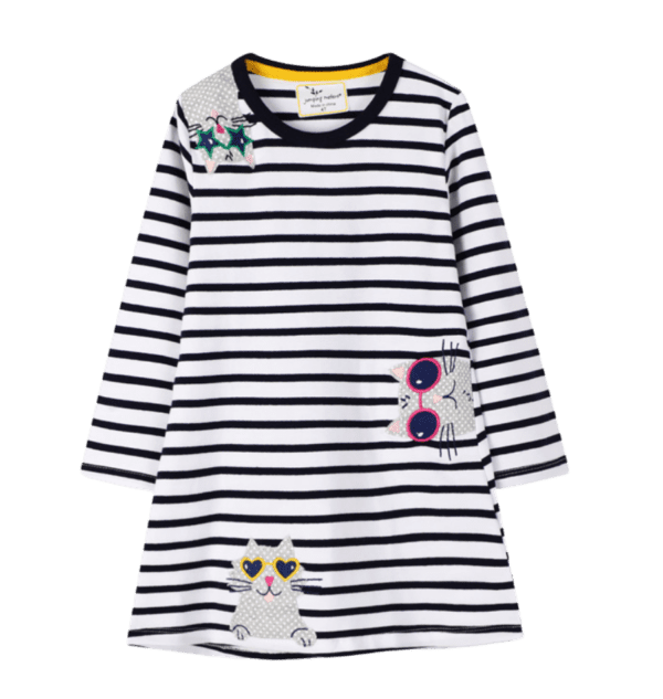 Little Girls Long Sleeve Striped dress with silly kitties applique