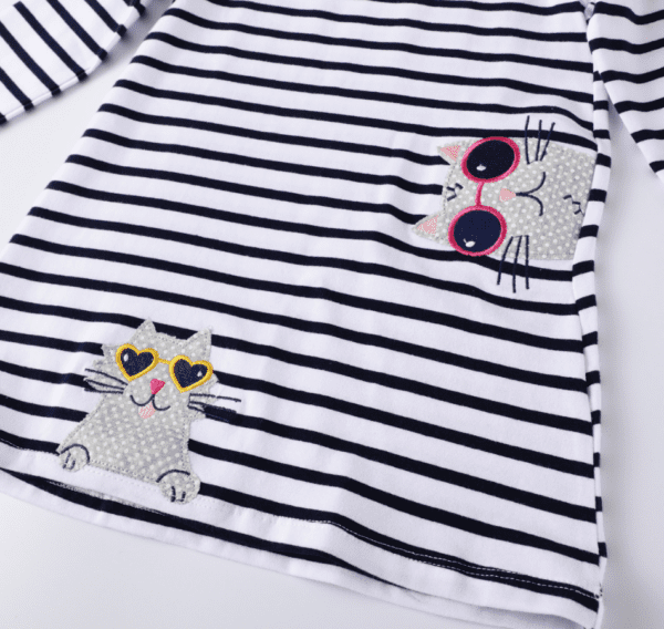 Little Girls Long Sleeve Striped dress with silly kitties applique