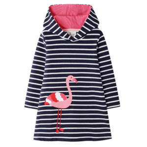 Little girls Long sleeve hooded dress black and with stripes with flamingo applique
