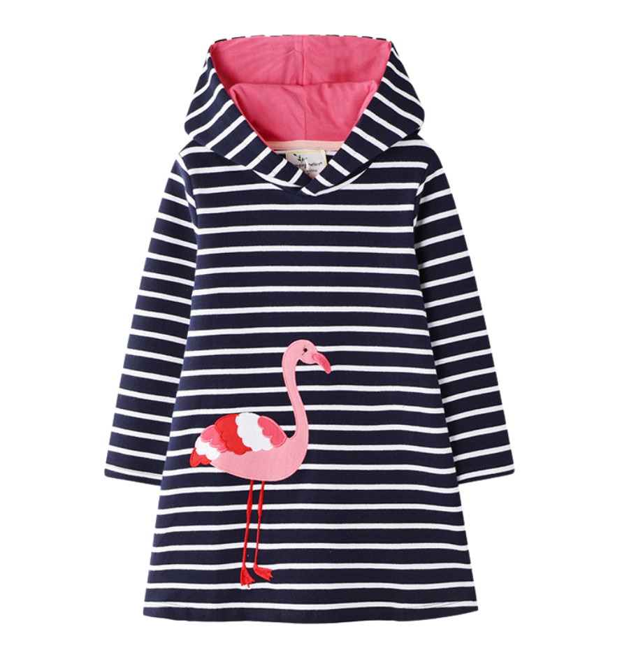 Little girls Long sleeve hooded dress black and with stripes with flamingo applique