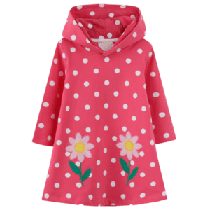 Little girls pink Long sleeve hooded dress with polka dots daisy appliques