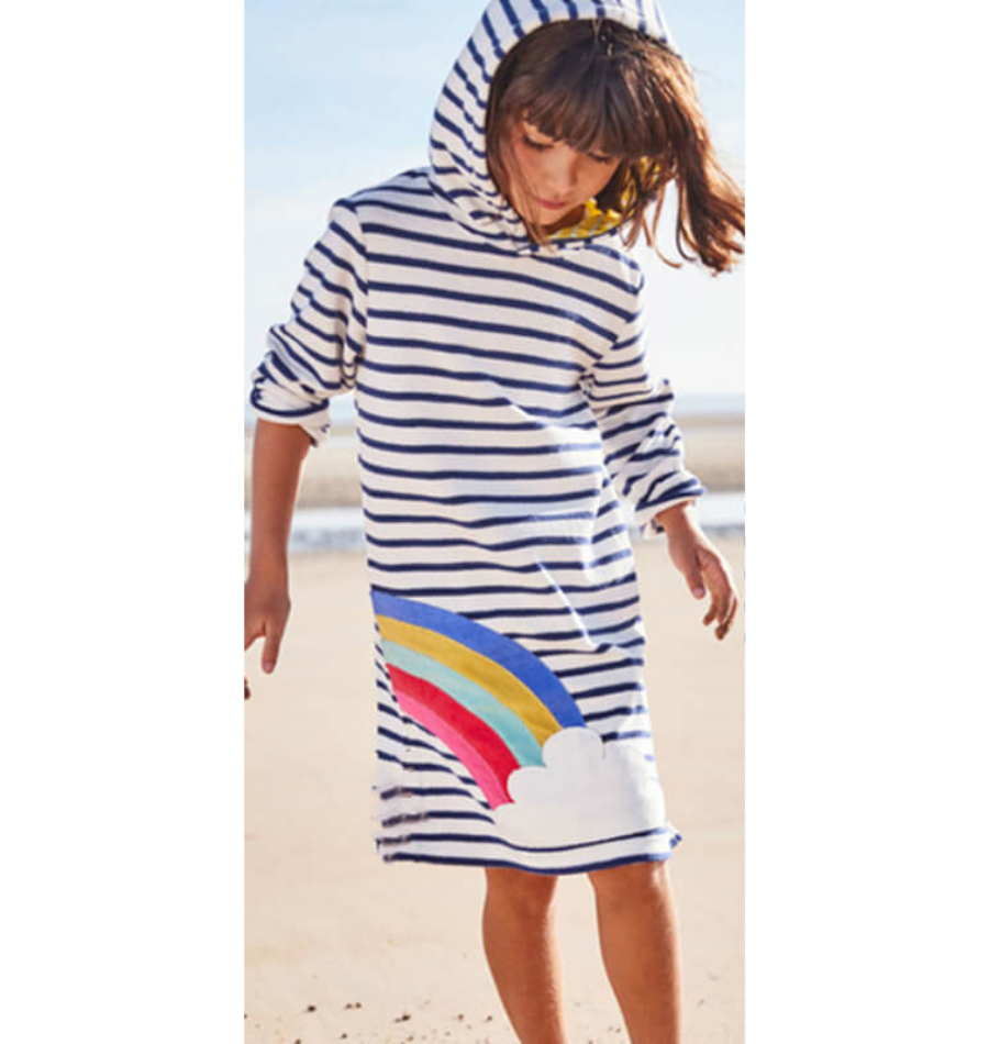 Little girls Long sleeve hooded dress black and with stripes with rainbow and cloud applique