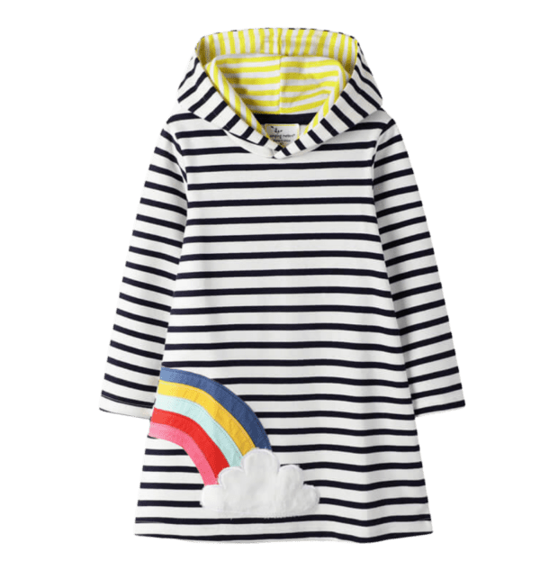 Little girls Long sleeve hooded dress black and with stripes with rainbow and cloud applique