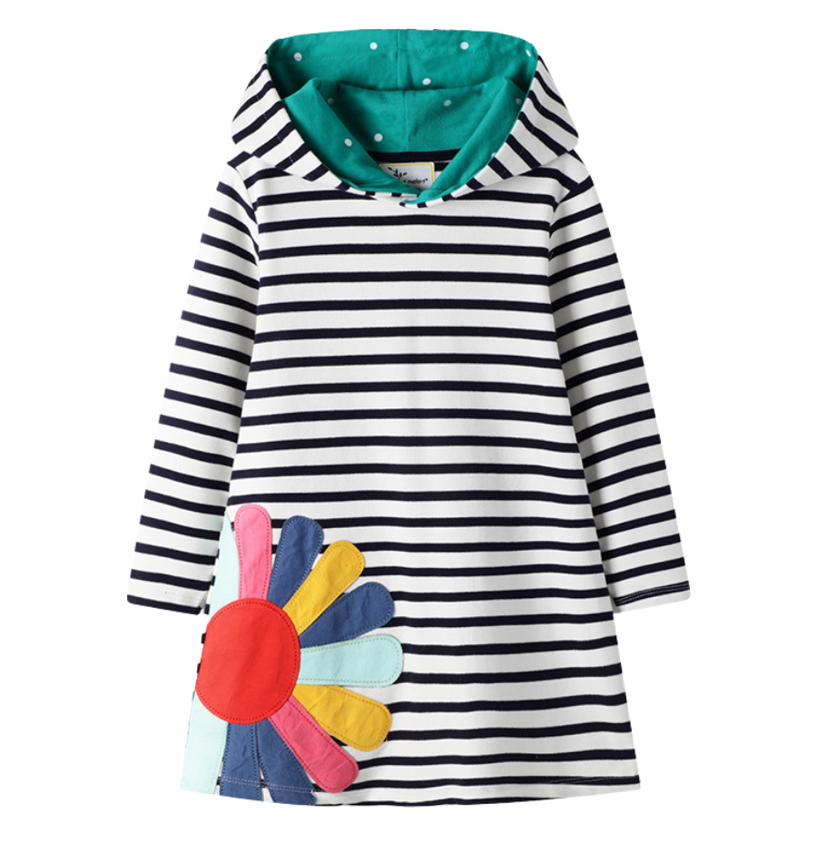 Little girls Long sleeve hooded dress black and with stripes with rainbow flower applique