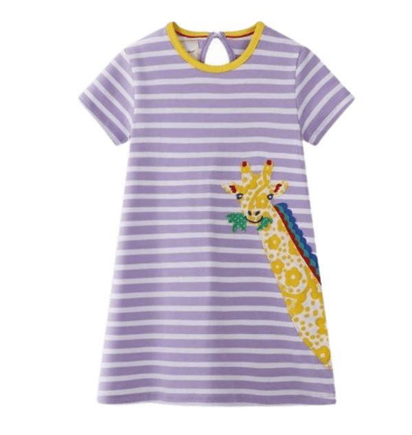 girls short sleeve purple dress with giraffe on front