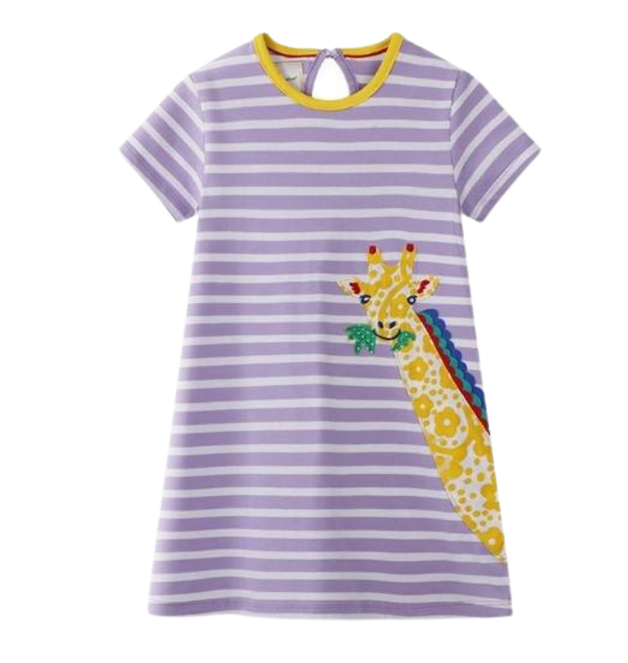 girls short sleeve purple dress with giraffe on front