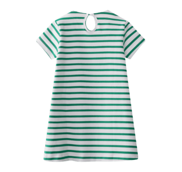 short sleeve green and white striped girls dress with colorful parrot