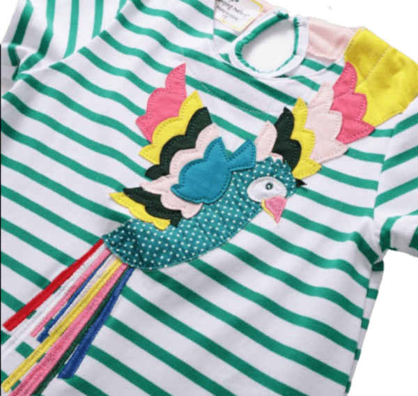 Girls green and white striped dress with colorful applique parrot