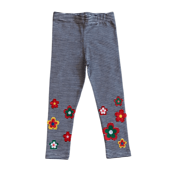 Leggings for girls with Small black and white stripes with colorful applique flowers