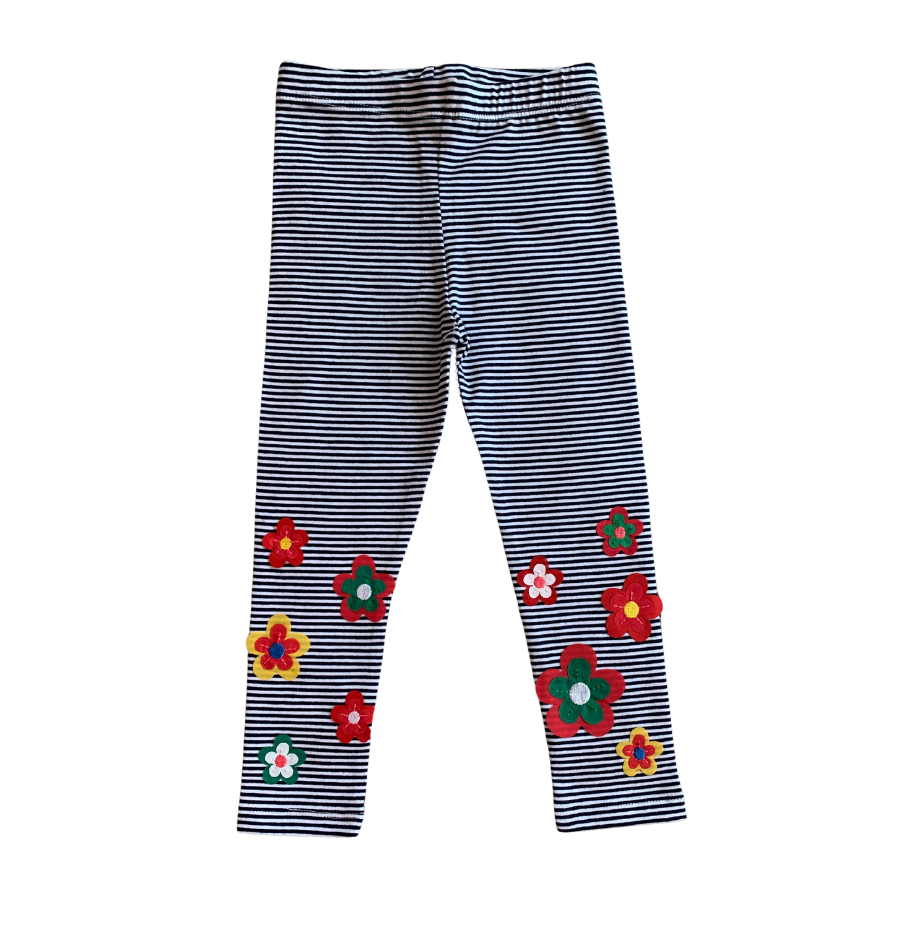 Leggings for girls with Small black and white stripes with colorful applique flowers