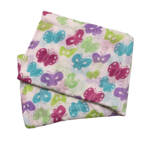 baby swaddle blanket with pink purple blue and green butterflies