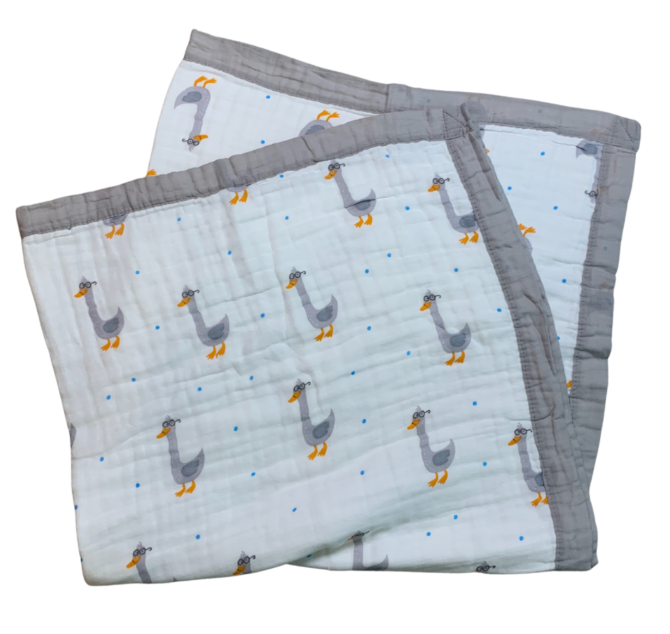 cute baby blanket with fun duck design and grey edging
