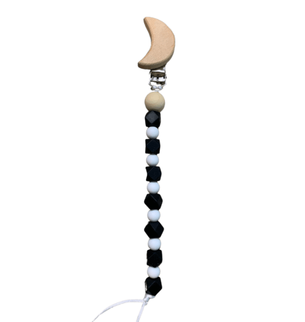 Black and White Silicone Bead and wood moon pacifier clip
