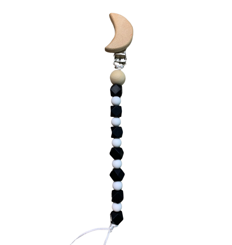 Black and White Silicone Bead and wood moon pacifier clip