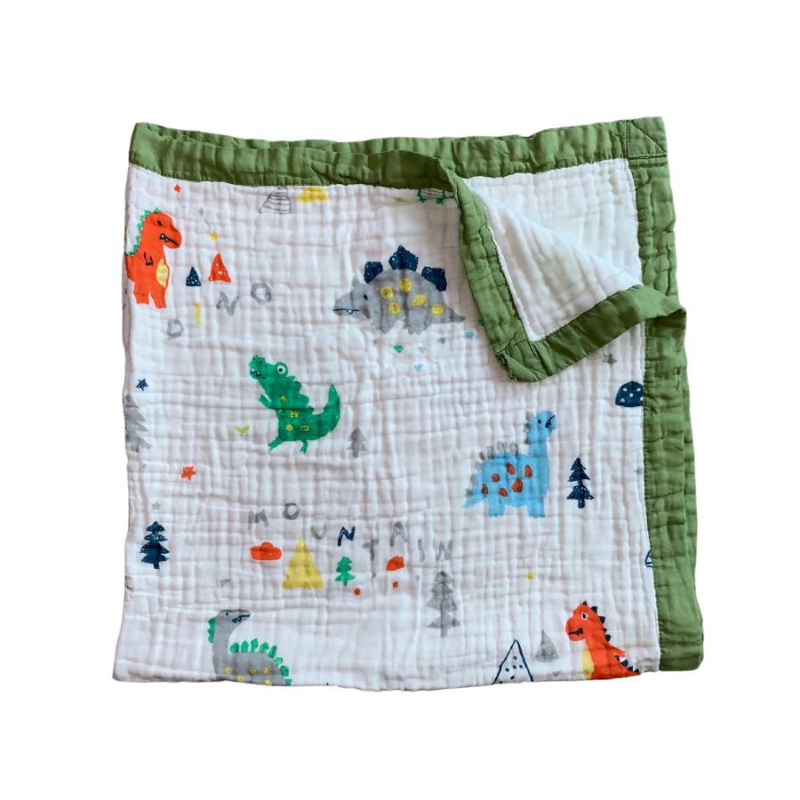 White Muslin baby blanket with green trim and cute dinosaurs