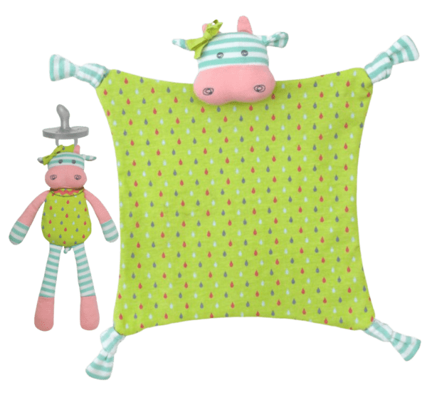 Baby lovey and pacifier clip set green and pinkbelle cow