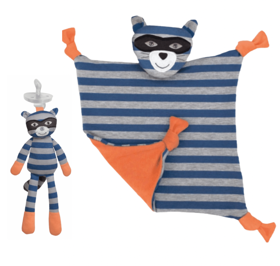 Baby lovey blanket and pacifier clip blue and grey striped racoon