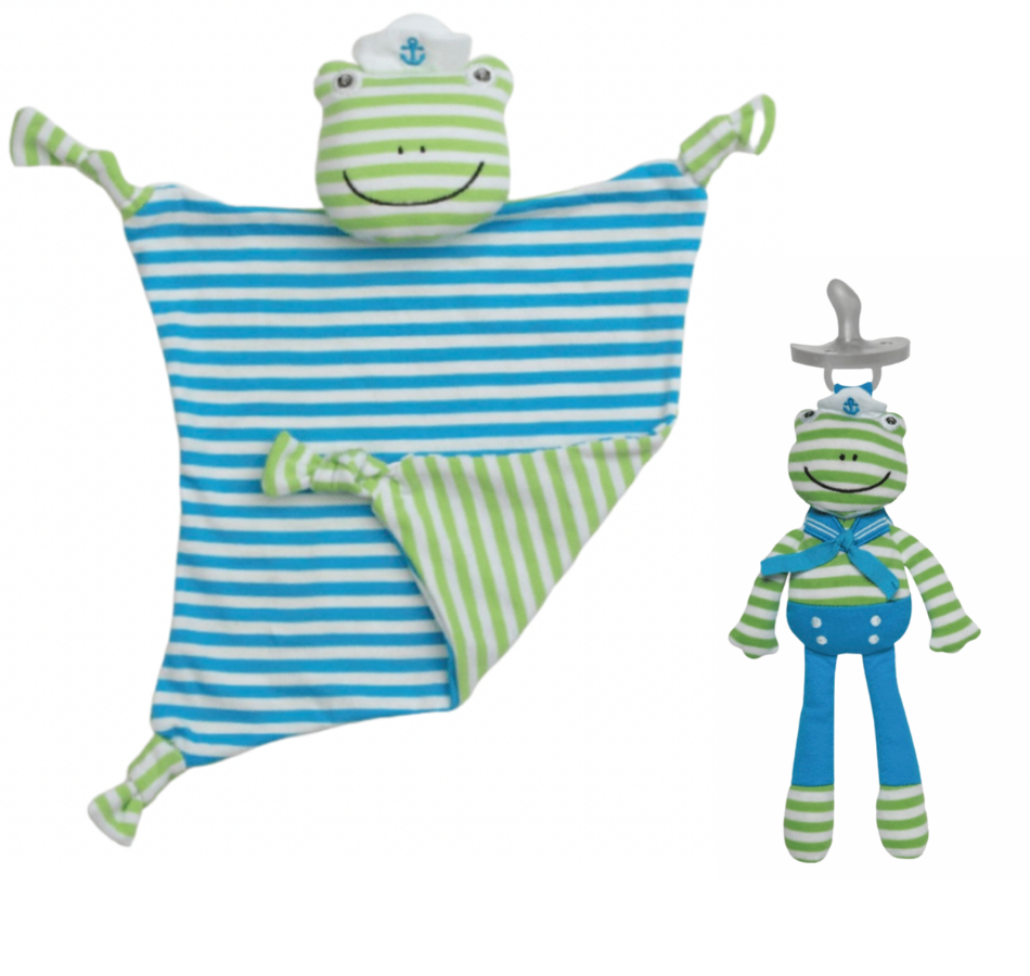 Baby lovey and pacifier clip set blue and green sailor frog