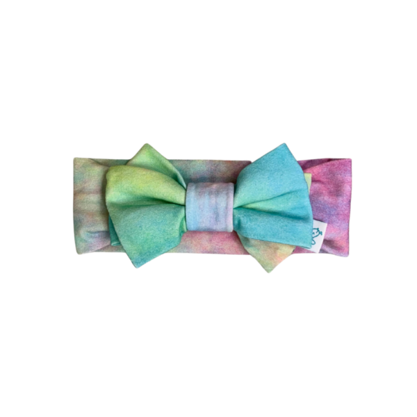 pink swaddle blanket with pretty little blue green and pink tie dye hair bow headband