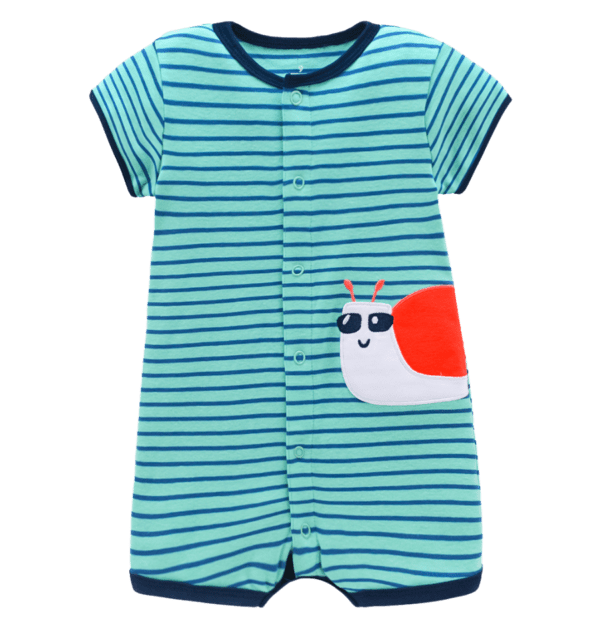 Turquoise color Baby summer romper snaps up the front with snail applique wearing sunglasses