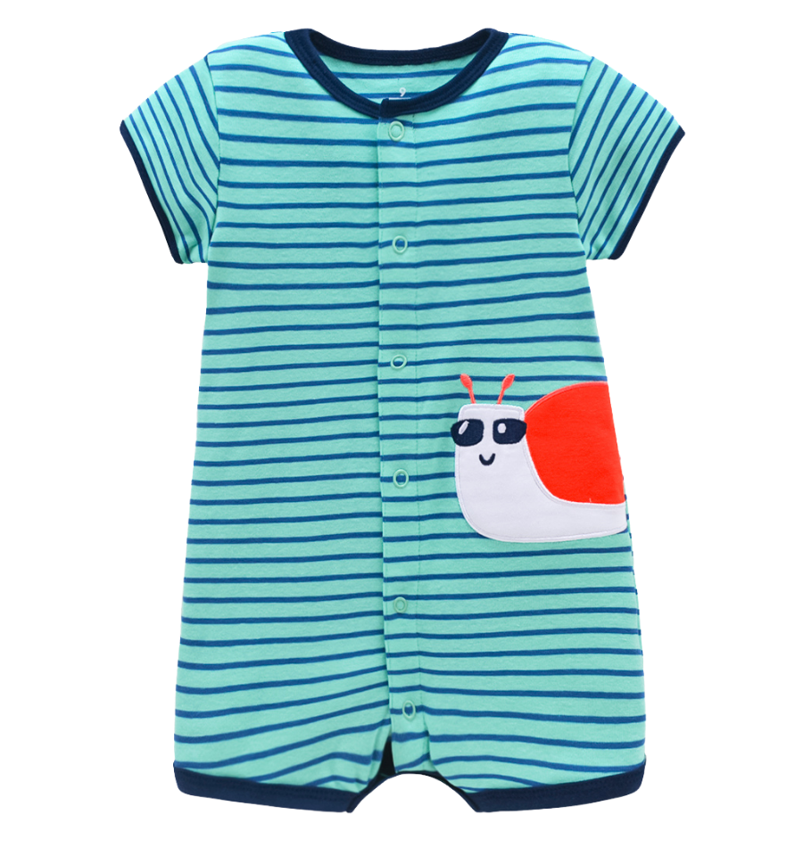 Turquoise color Baby summer romper snaps up the front with snail applique wearing sunglasses