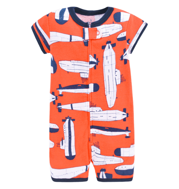 Boys orange summer romper snap up front orange with blue and white submarines