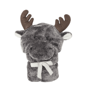 Mon Ami hooded blanket soft plush grey - brown moose baby - kids blanket with hood and pockets with antlers.