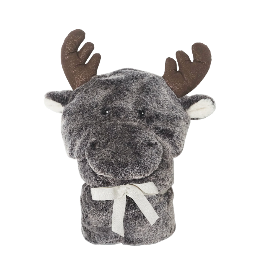 Mon Ami hooded blanket soft plush grey - brown moose baby - kids blanket with hood and pockets with antlers.