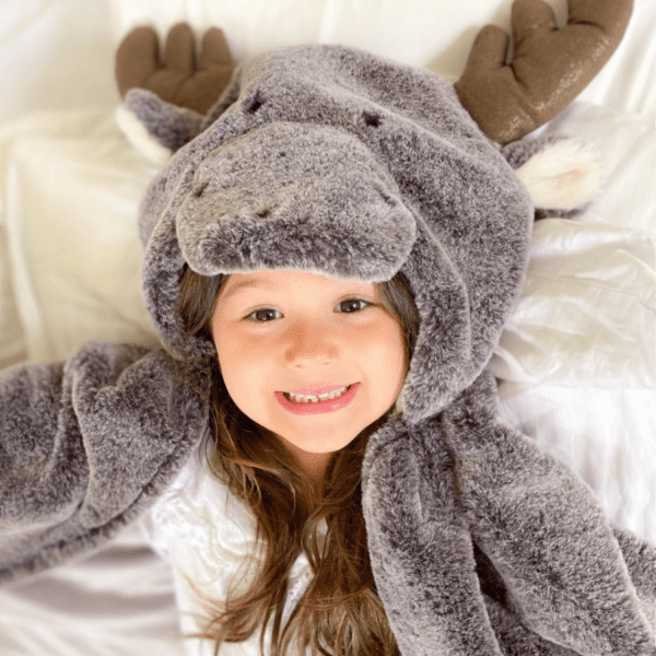 Mon Ami hooded blanket soft plush grey - brown moose baby - kids blanket with hood and pockets and antlers