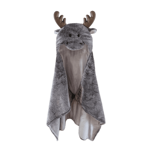 Mon Ami hooded blanket Soft plush grey - brown moose baby - kids blanket with hood and pockets and antlers