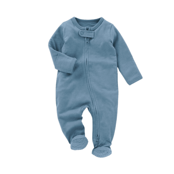 Blue baby zip up footie sleeper with non-slip bottoms