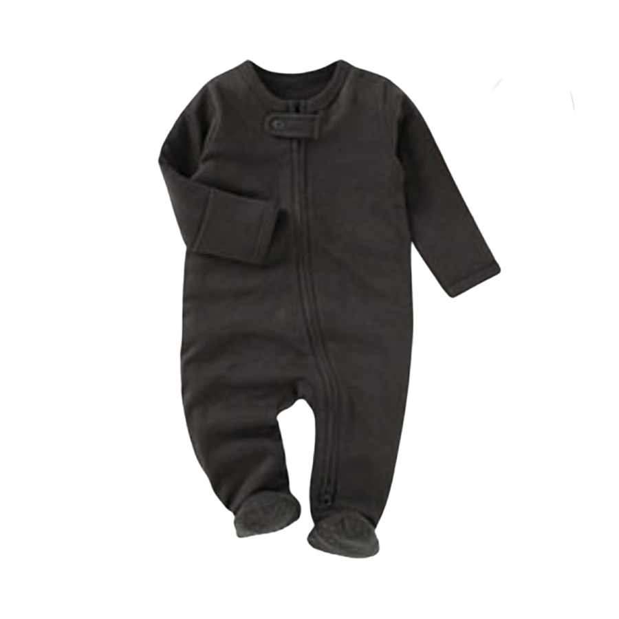 Infant footed sleeper Dark earthy grey baby zip up footie sleeper with non-slip bottoms