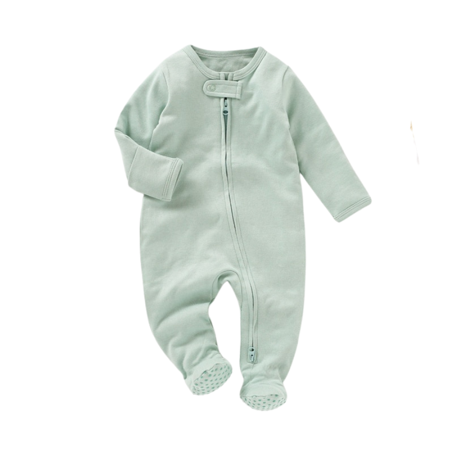Sage green baby zip up footie sleeper with non-slip bottoms